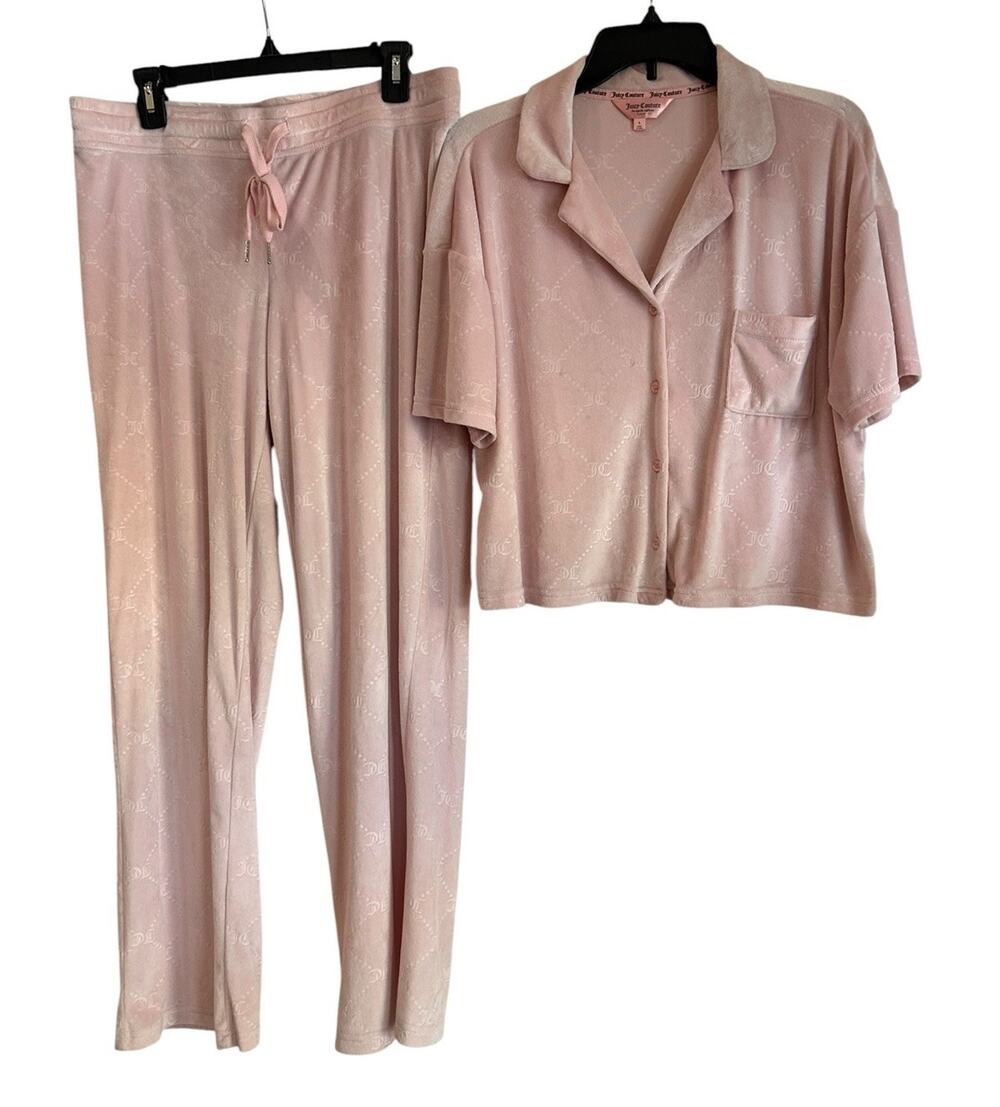 Y2K Juicy Couture Pink Velour Pajama Set L Monogram Lounge Pants Top -